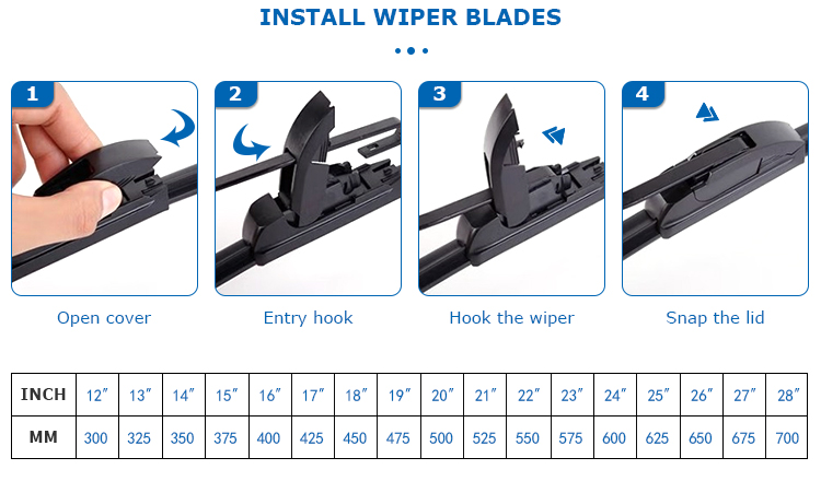 Quick 4-step U-Hook wiper installation:lift arm, remove old blade, align and slide in, confirm click lock